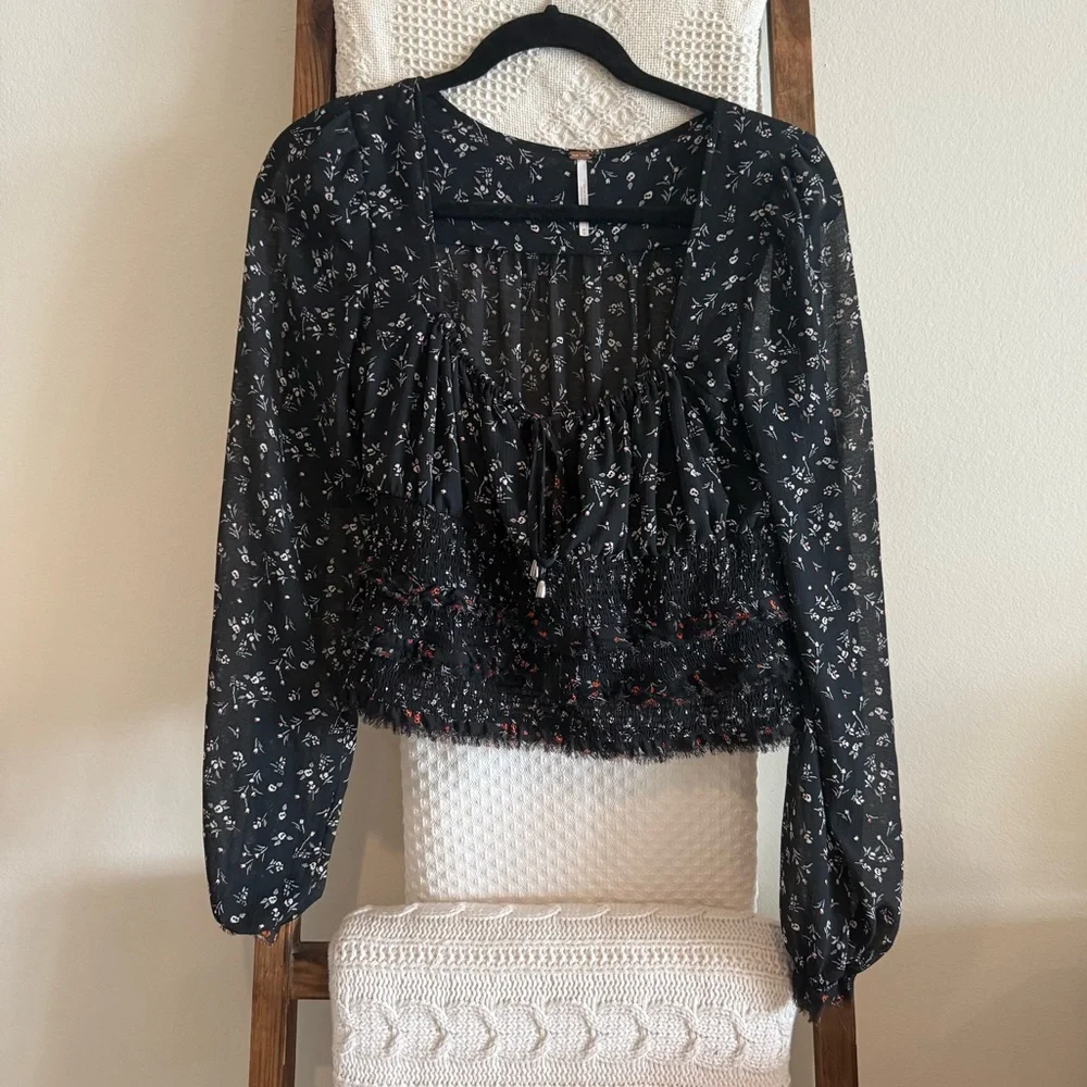 NWOT Free People Black, White, Red & Green Floral Print Bohemian Smocked Top